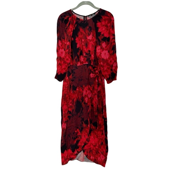 Kobi Halperin Halsey Floral Red Black Long Sleeve Midi Tie Waist Slit Dress - Picture 3 of 8